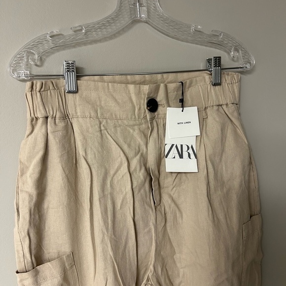 Zara Khaki Linen Paper Bag Pants - Picture 2 of 4